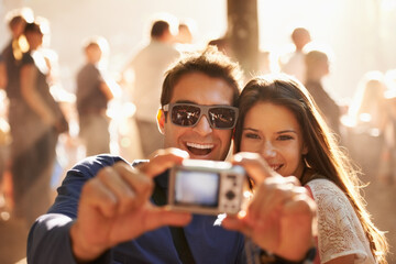 Happy couple, camera and selfie at music festival for memory, photography or picture in outdoor...