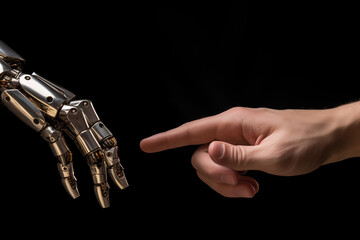 Naklejka premium human finger touches the finger of a robot AI machine