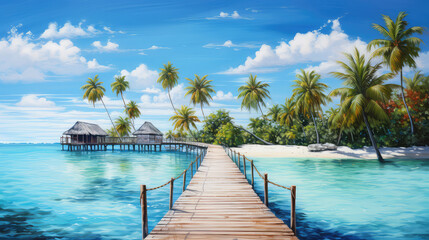 Fototapeta na wymiar oil painting on canvas, View of Maldiv beach resort, panoramic landscaps. (ai generated)