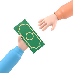 Cartoon Gesture Icon Mockup.Two cartoon businessman hands,giving money. 3d illustration in flat design.Supports PNG files with transparent backgrounds.
