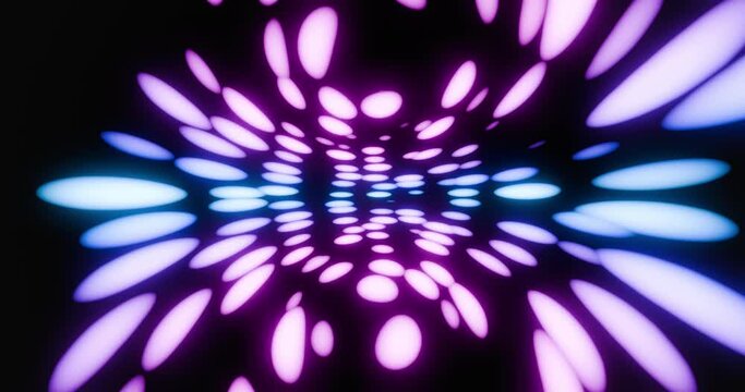 Abstract neon colored psychedelic image. Kaleidoscope of glowing round light. 4K 3D looped animation rendering.