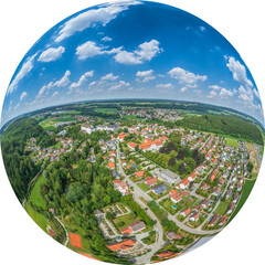 Die Gemeinde Lautrach im Unterallgäu im Luftbild, Little Planet-Ansicht, freigestellt