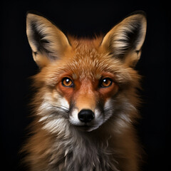 Red Fox in the cam, Red Fox Face Close Up Portrait  AI illustration, Perfekter Fuchs isoliert auf schwarzem Hintergrund, portrait of a fox, amazing fox portait photography black background