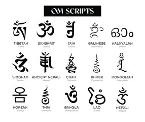 Aum,Om letter writes in different scripts and languages brahmi script family, talisman, spell, charm ink, black and white isolated on white background - obrazy, fototapety, plakaty
