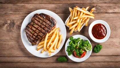 grilled beef steak with fries and sauce