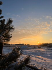 zimowy zachód słońca  - obrazy, fototapety, plakaty