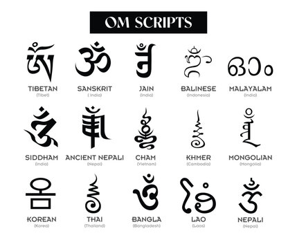 Aum,Om letter writes in different scripts and languages brahmi script family, talisman, spell, charm ink, black and white isolated on white background