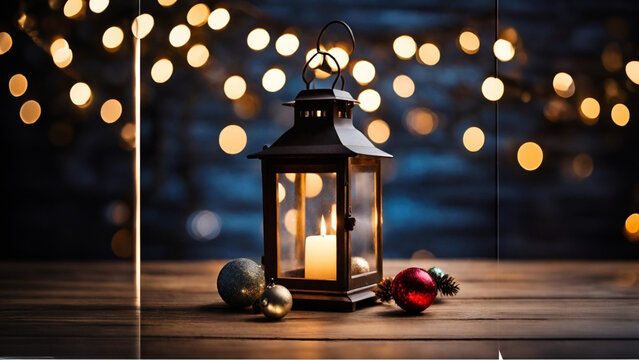 a lit lantern on a wooden table surrounded by christmas decorations, a stock photo  Menges, pixabay contest winner, dau-al-set, glowing lights, flickering light, bokeh