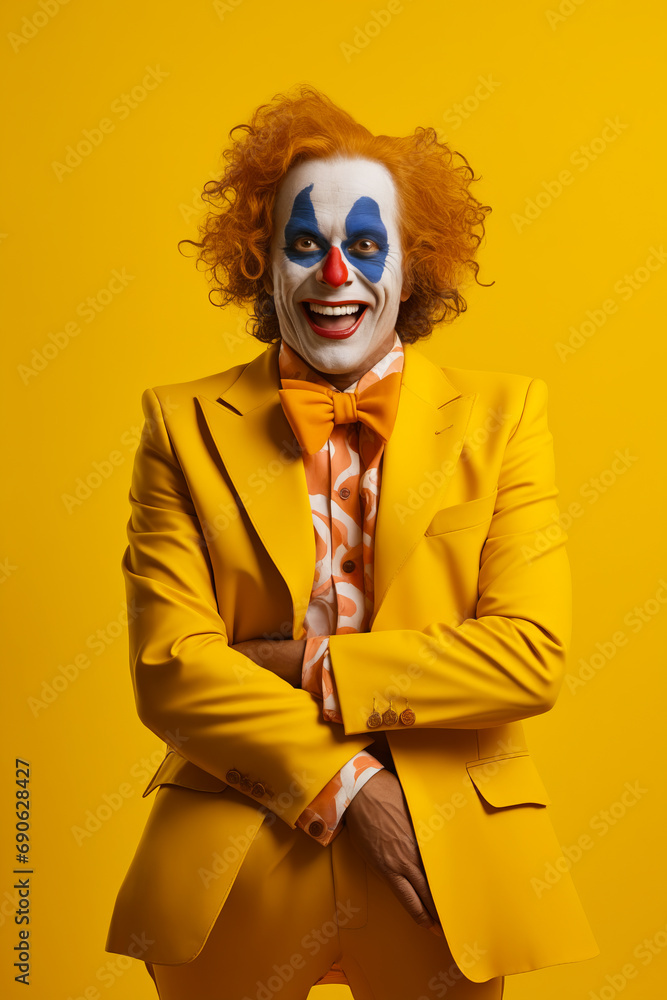 Sticker Man in yellow suit with clown face painted on.