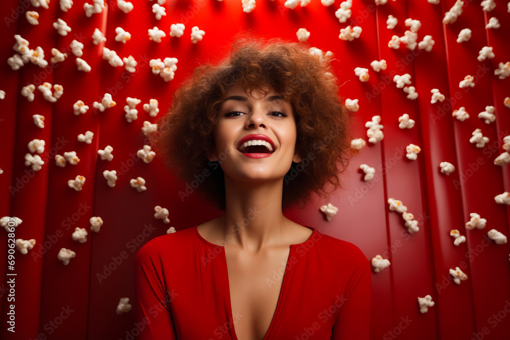 Canvas Prints woman with red dress and popcorn on red background.