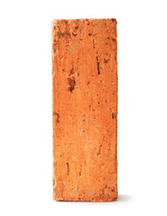 Single cracked old red or orange brick isolated on white background with clipping path