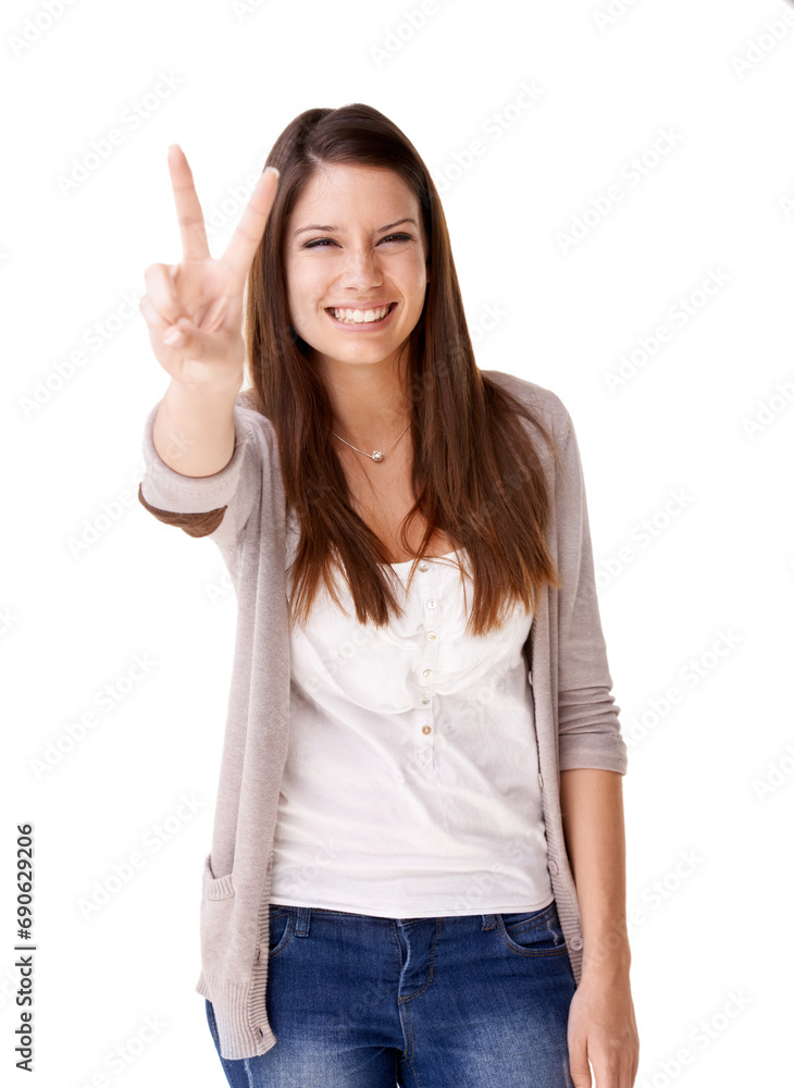 Canvas Prints Portrait, smile and peace sign with a young woman in studio isolated on a white background. Emoji, social media and hand gesture with a happy person in casual clothing for freedom or expression