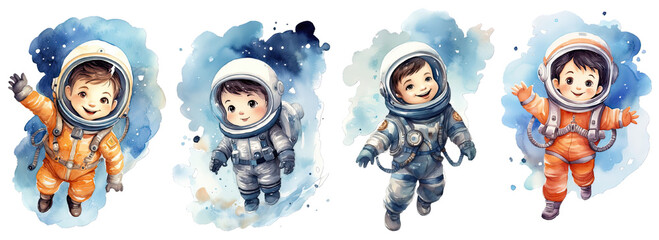 Collection of PNG. Little astronaut floating in deep space wearing a full cosmonaut suit, watercolor illustration. Character for children's illustration book isolated on a transparent background. - obrazy, fototapety, plakaty