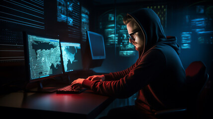 Hacker with hoody behind laptop or computer monitor, concept of cyber security and data network...