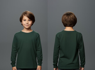 Front and back views of a little boy wearing a green long-sleeve T-shirt