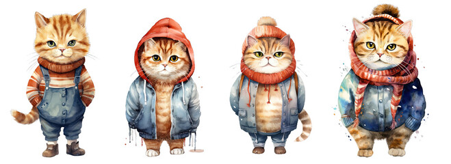 Collection of PNG. Chubby cute cat wearing jumper. watercolor illustration isolated on a transparent background.