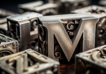 Close up of random antique letterpress metal type  letterpress printing blocks. Generative AI - obrazy, fototapety, plakaty