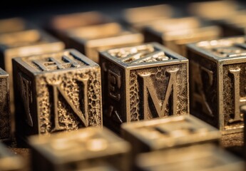Close up of random antique letterpress metal type  letterpress printing blocks. Generative AI - obrazy, fototapety, plakaty