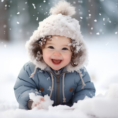 Winter's Joy: A Happy Baby Sitting in the Snow, Delightfully Touching the Frosty Ground and Smiling with Innocent Happiness - Capturing the Pure Magic of a Winter Day.