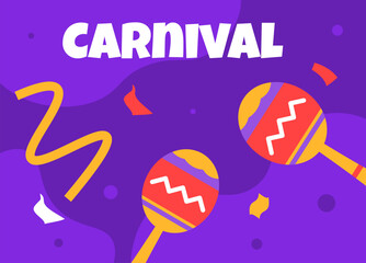 Carnival party poster concept. Face mask for masquerade. Colorful ribbons and maracases. Greeting and invitation postcard. Graphic element for website. Cartoon flat vector illustration