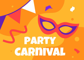 Carnival party poster concept. Face mask for masquerade. Colorful ribbons and decorative flags. Greeting and invitation postcard. Template and layout. Cartoon flat vector illustration