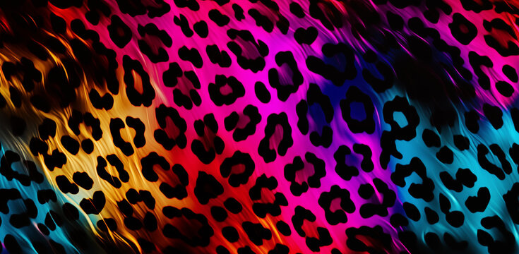 A colorful leopard print with black spots
