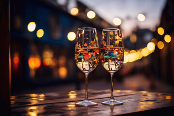 Two glasses of champagne  in the night with lights bokeh, glitter and sparks on the background - Powered by Adobe
