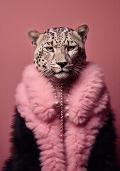 A surreal portrait of a human-leopard hybrid with a fluffy pink fur collar and pearl necklace exuding elegance