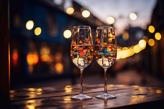 Two glasses of champagne  in the night with lights bokeh, glitter and sparks on the background