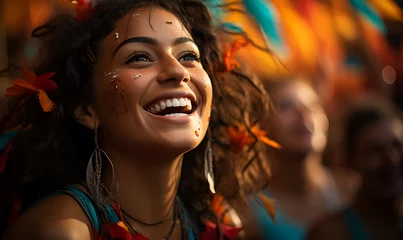 Fotobehang Beautiful woman in carnival costume at Brazilian dance carnival generated AI © Tatiana