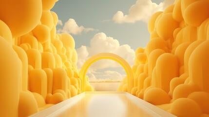 A yellow tunnel with white clouds and a white carpet