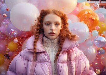 Obraz na płótnie Canvas Thoughtful young girl in a pink puffer coat among a sea of multicolored balloons, creating a reflective mood
