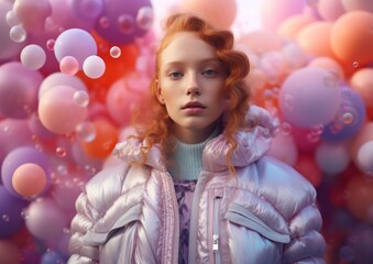 Obraz na płótnie Canvas A young redhead girl in a light blue puffer jacket with a surreal background of colorful balloons and bubbles