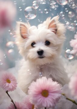 Charming small dog with pointed ears sitting amidst bubbles and flowers with an ethereal backdrop