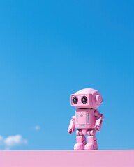 Obraz na płótnie Canvas Pink toy robot standing against a serene blue sky background, a blend of playfulness and technology themes