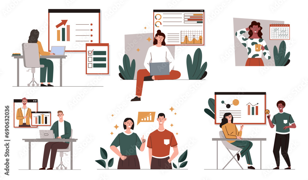 Poster set of office scenes. workers near graphs and diagrams. infographics and statistics. efficient workf
