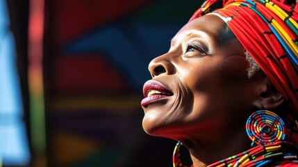 African mature woman in traditional clothes portrait. Senior adult black lady traditionally dressed in colorful clothing and head wrap. Black History Month concept..
