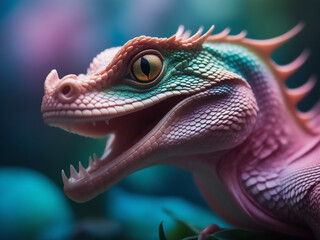 Fototapeta premium portrait of a psychedelic heavenly basilisk, vibrant colors, kaleidoscopic scales shimmering in a harmonious blend of iridescent pinks, opalescent blues, and luminescent greens.