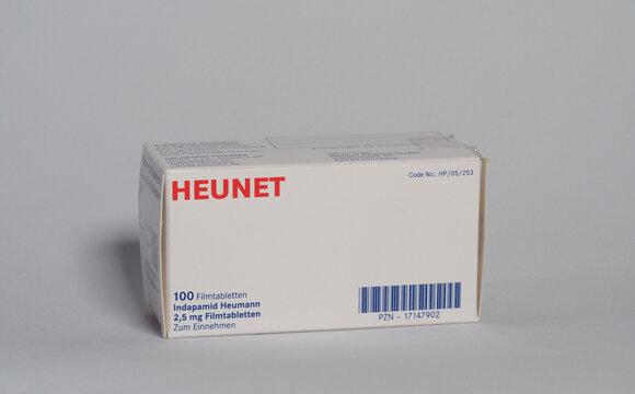 Box of tablets Indapamid Heumann. 2.5 g  of  pharmaceutical company Heunet