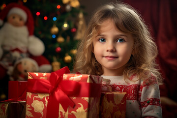 Fototapeta na wymiar Generative AI happy child decorated christmas tree christmas gifts festive indoor living room magic
