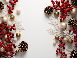 Top down perspective of festive Christmas decorations a New Year white backdrop
