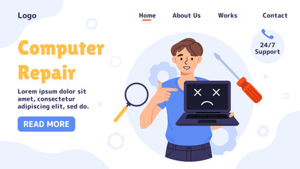 Computer repair poster. Man with broken laptop. Repairman and serviceman fix devices and gadgets. Technical support and assistance. Landing page design. Cartoon flat vector illustration