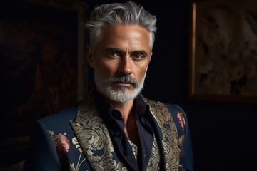 Obraz premium Generative AI photography magazine edition of handsome senior man celebrity indoors