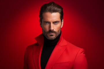 Obraz premium Generative AI photography magazine edition of attractive man popular star isolated on red background