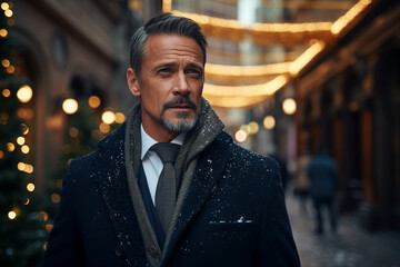 Generative AI portrait of senior handsome man businessman traveling winter time city christmas...