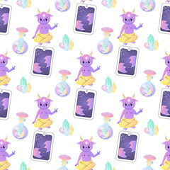 seamless patterns magical tarot cards satan, crystals, mushrooms, occultism