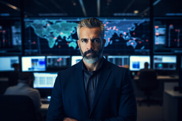 Generative AI conceptual portrait of successful business person man woman hacker programmer in office