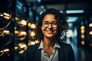Fototapeta premium Generative AI conceptual portrait of successful business person man woman hacker programmer in office