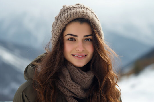 AI generated image of charming woman having fun on weekend activity in ski resort vacation