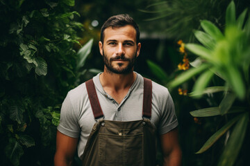 Greenhouse owner entrepreneur standing next to healthy garden harvest Generative AI